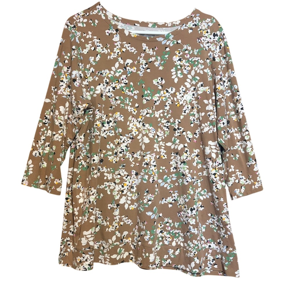 J. Jill Tunic Top XL Brown Floral Luxe Supima Crew Neck 3/4 Sleeve Casual Shirt